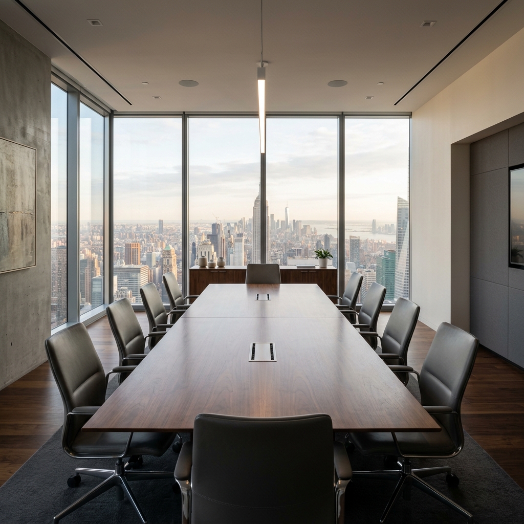 Moderna sala de juntas corporativa de alta gama con ventanales de suelo a techo con vistas al perfil de la ciudad al anochecer, iluminación cinematográfica suave